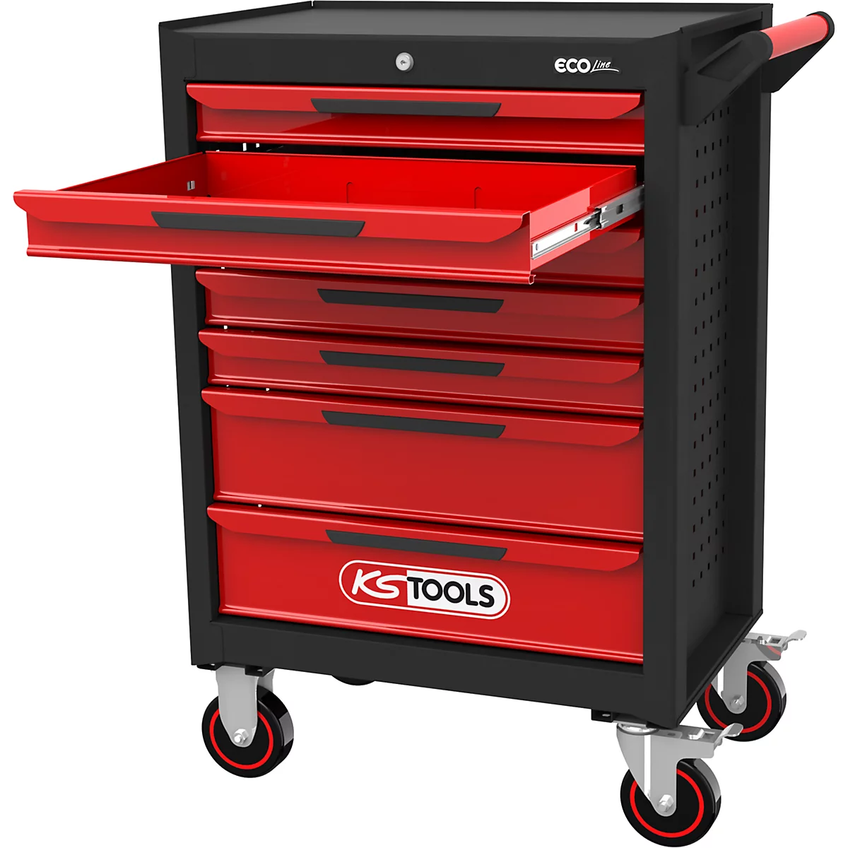 Schwarze Werkzeugkiste mit roten Schubladen. Eine Schublade ist geöffnet.